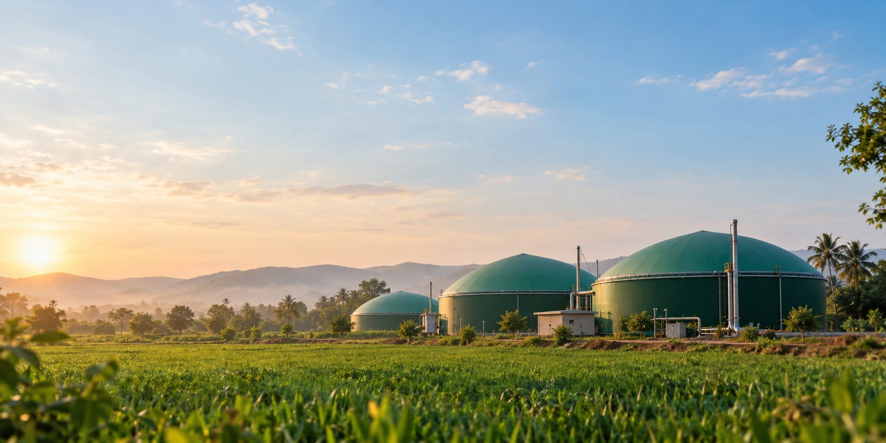 A Compressed Biogas plant in an Indian agricultural landscape at dawn