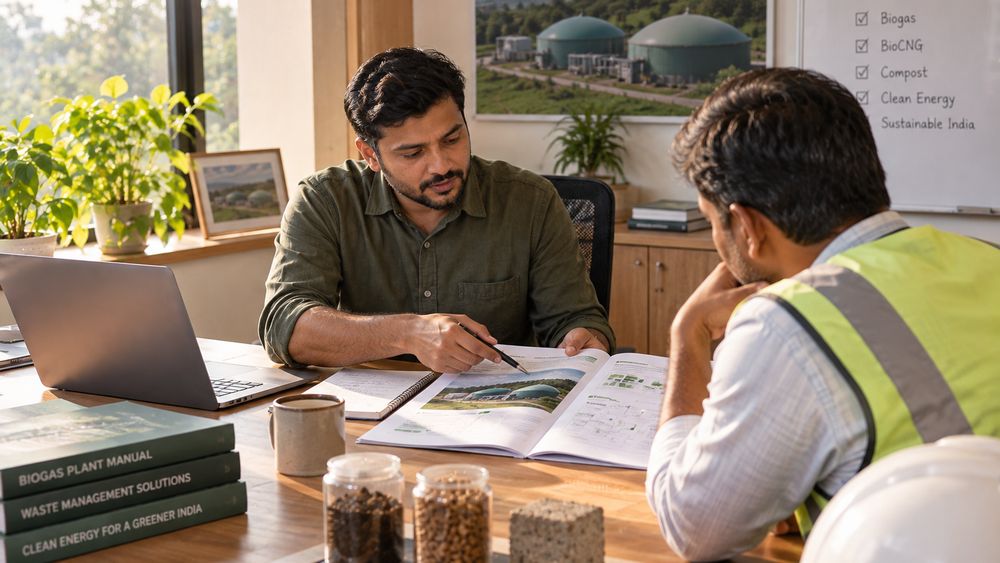 A Waste2Wealth consultant going through a project manual with a plant operator