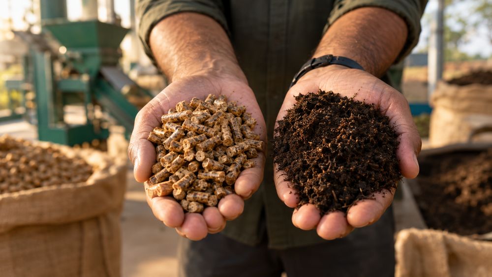 Bio-pellets held in cupped hands at a processing unit