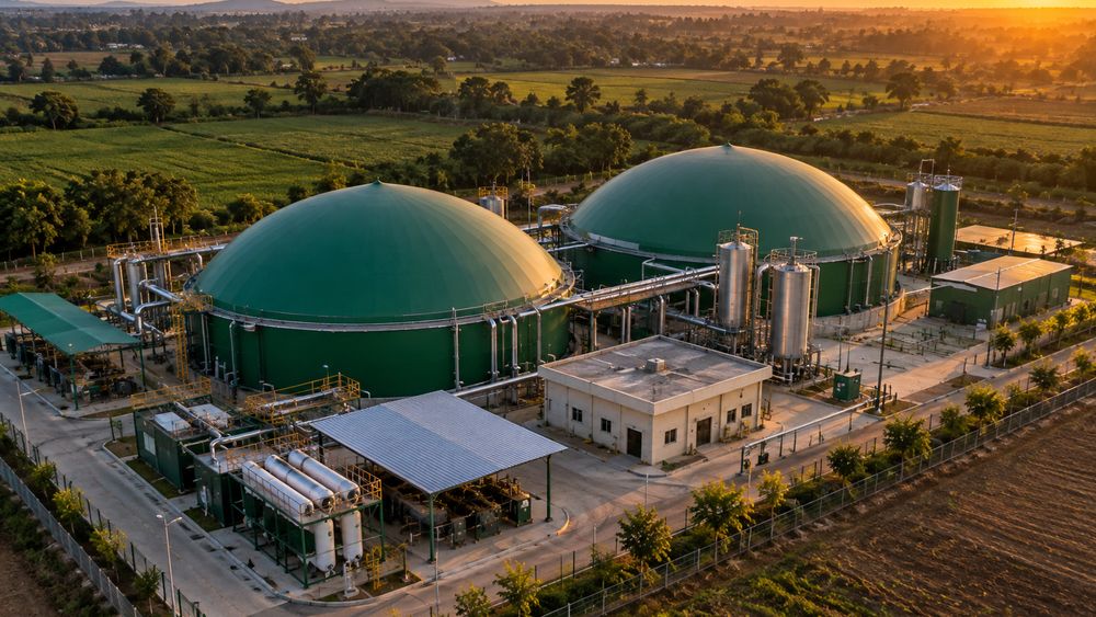 A Compressed Biogas plant in Indian farmland at golden hour